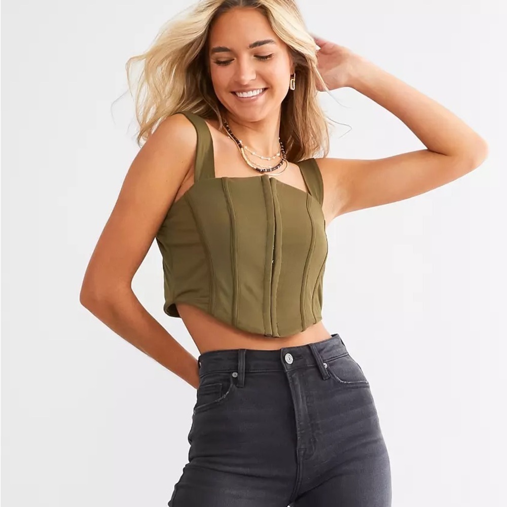 willow & root Olive Green Hook-Front Corset Crop Top Bustier Edgy Tank Fitted